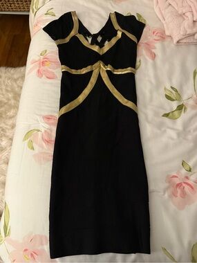 bebe Black Midi Dress with Gold Trim